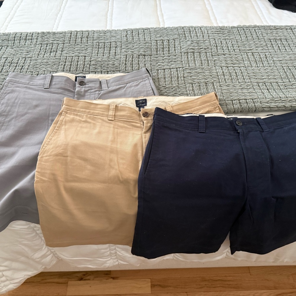 THREE New W/O Tag Men’s 9 Inch J Crew Shorts - Light Grey, Tan, and Dark Blue
